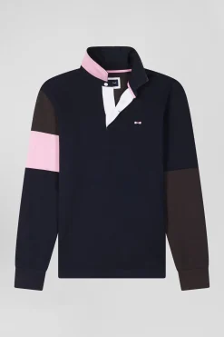 Regular brown long-sleeved cotton rugby shirt with tie fabric patchwork