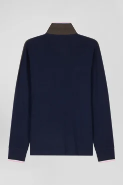 Regular brown long-sleeved cotton piqué polo shirt with tricolor details