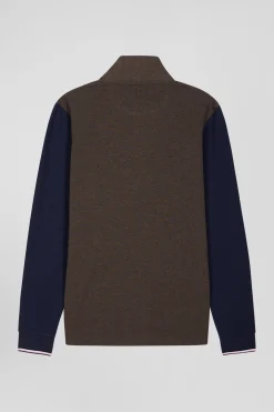Regular brown long-sleeved cotton piqué polo shirt with jacquard collar and rubber badge
