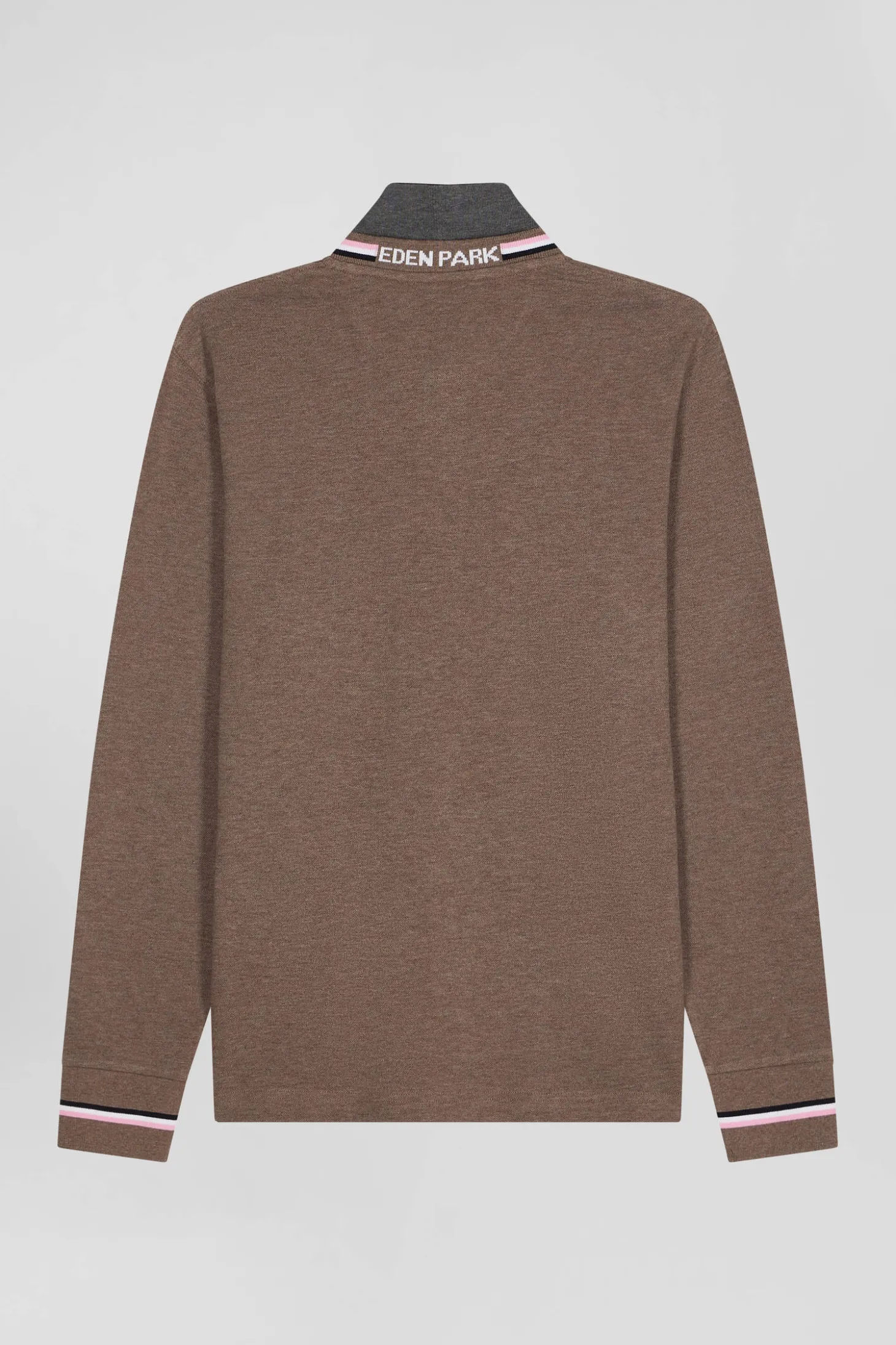 Regular brown long-sleeved cotton piqué polo shirt with rubber badge