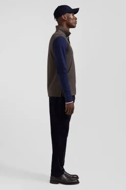 Regular brown long-sleeved cotton piqué polo shirt with jacquard collar and rubber badge