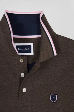 Regular brown long-sleeved cotton piqué polo shirt with tricolor details