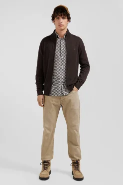 Regular brown plain wool and cotton zipped cardigan