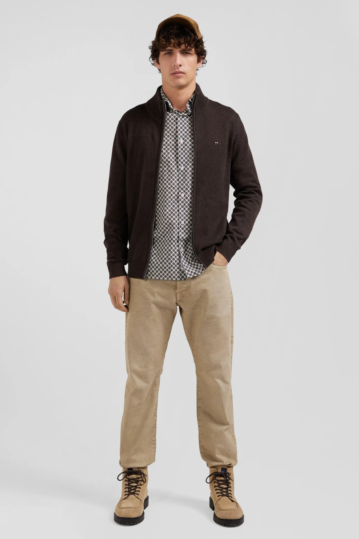 Regular brown plain wool and cotton zipped cardigan