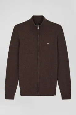 Regular brown plain wool and cotton zipped cardigan