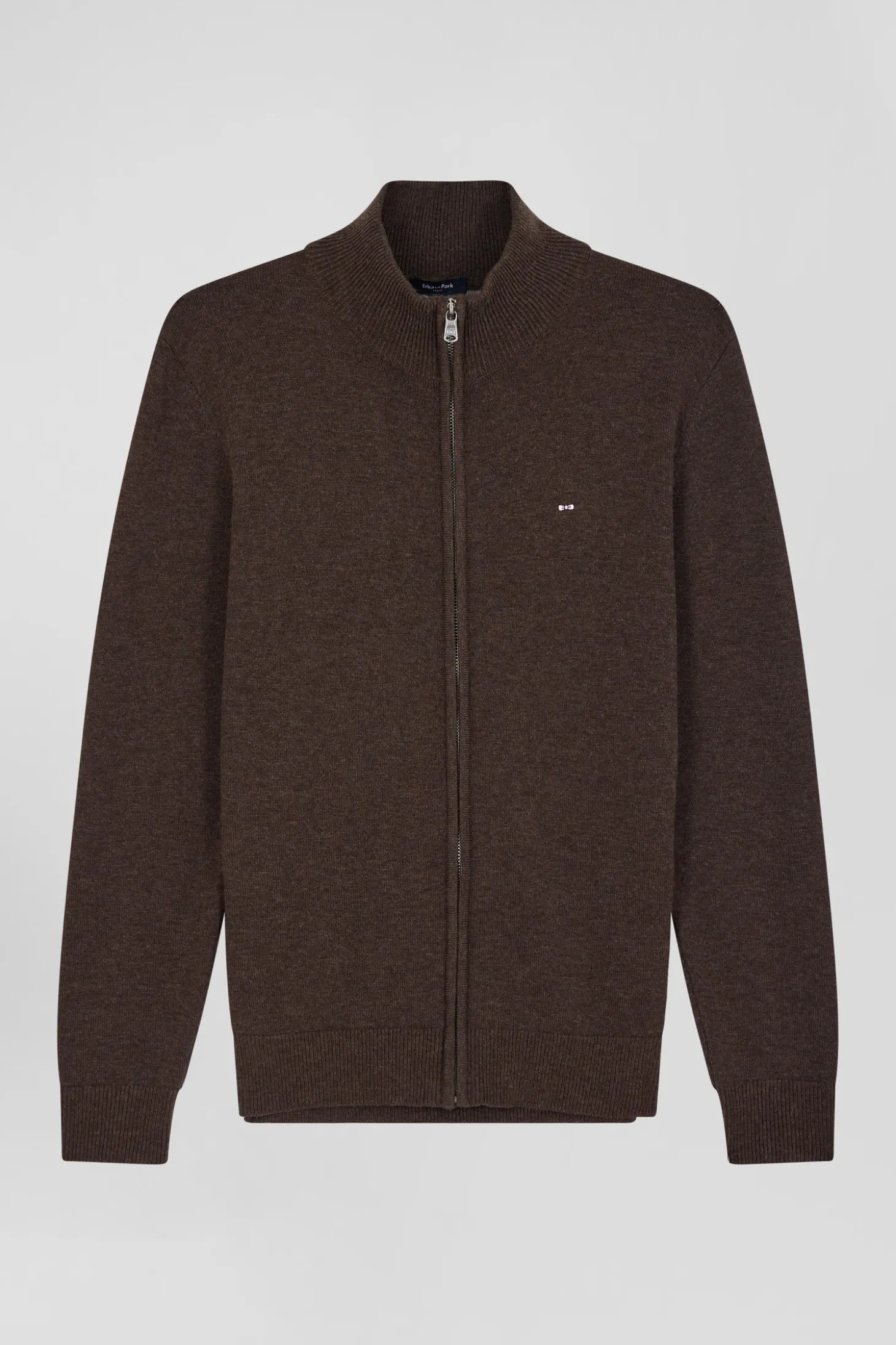 Regular brown plain wool and cotton zipped cardigan