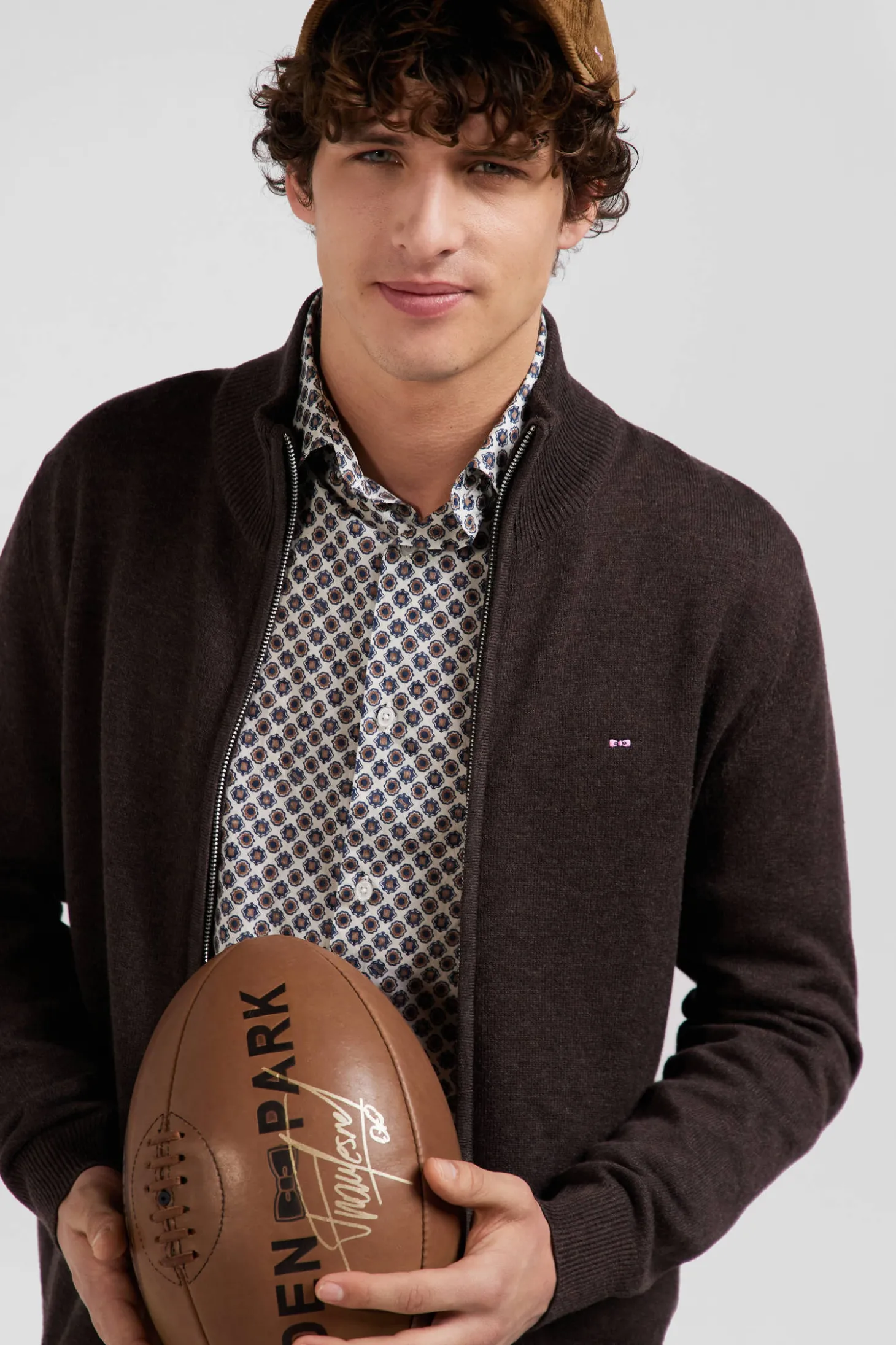 Regular brown plain wool and cotton zipped cardigan
