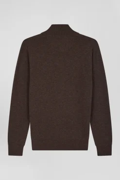 Regular brown plain wool and cotton zipped cardigan