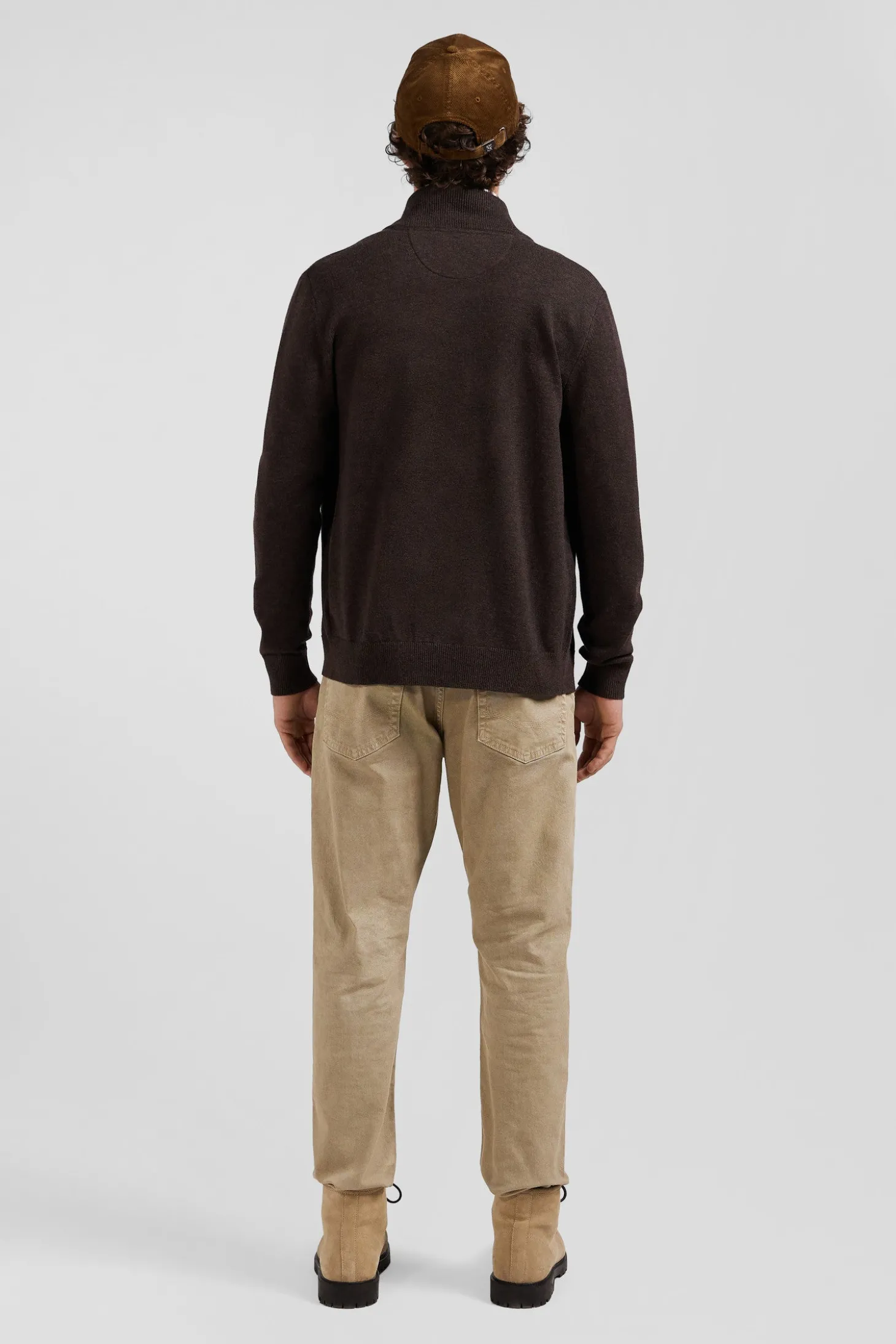 Regular brown plain wool and cotton zipped cardigan