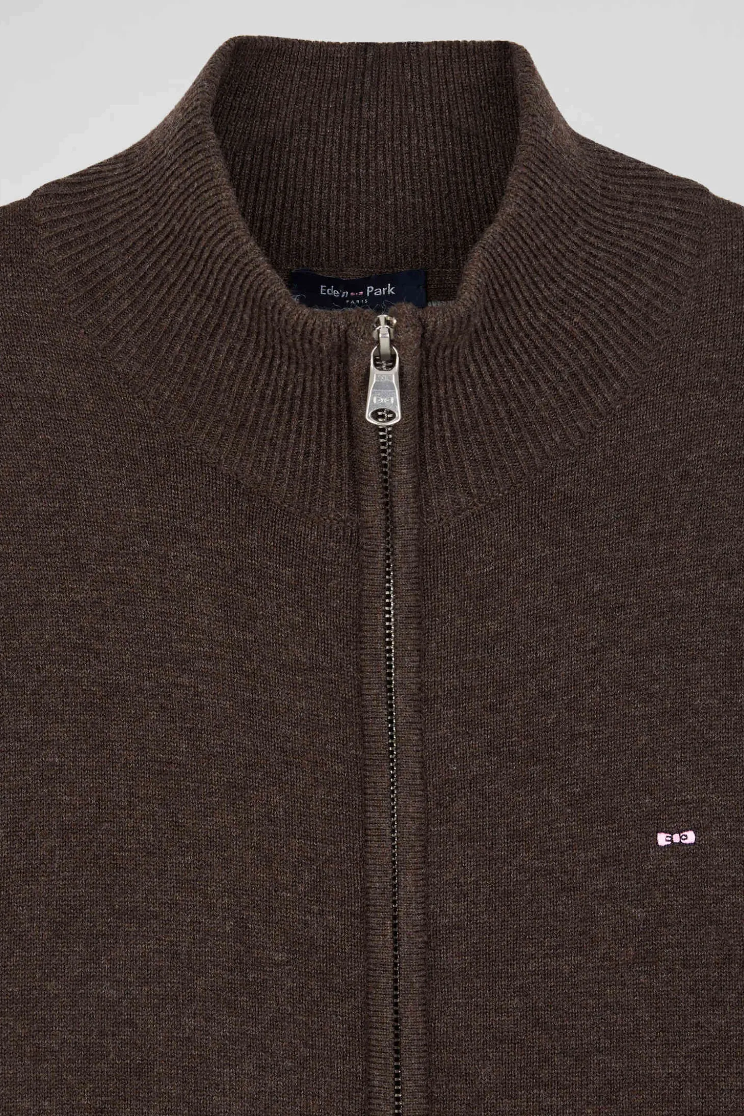 Regular brown plain wool and cotton zipped cardigan
