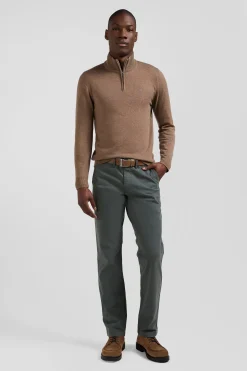 Regular brown semi-zipped wool and cotton jumper