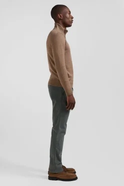 Regular brown semi-zipped wool and cotton jumper