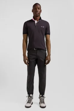 Regular brown short-sleeved cotton piqué polo shirt with striped embroidery