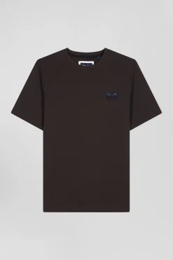 Regular brown short-sleeved cotton T-shirt with tie patchwork emblem