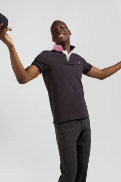 Regular brown short-sleeved cotton piqué polo shirt with striped embroidery