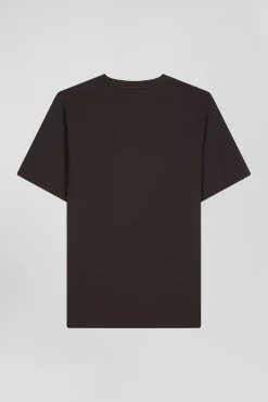 Regular brown short-sleeved cotton T-shirt with tie patchwork emblem