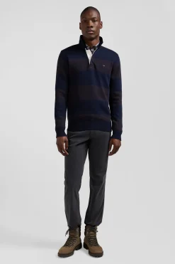 Regular brown striped cotton jumper with houndstooth jacquard and rugby shirt collar
