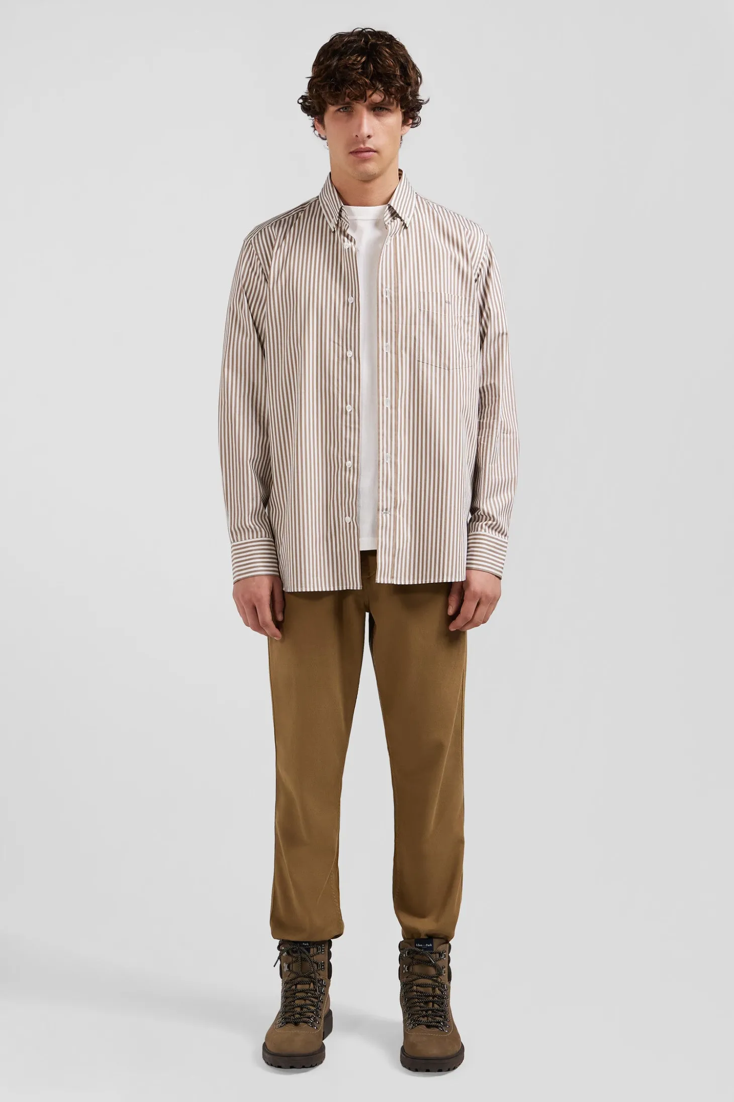 Regular brown striped cotton poplin shirt