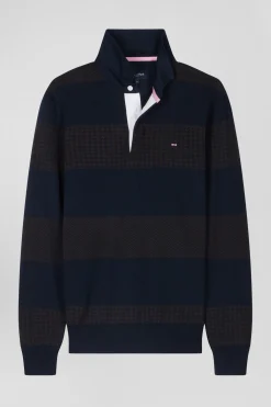 Regular brown striped cotton jumper with houndstooth jacquard and rugby shirt collar