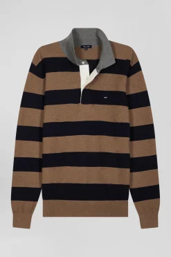 Regular brown striped cotton and cashmere jumper with rugby shirt collar