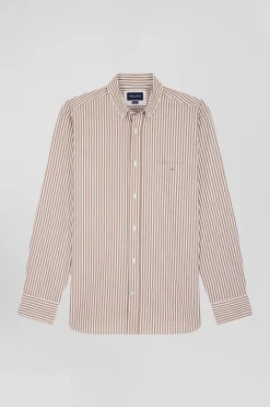 Regular brown striped cotton poplin shirt