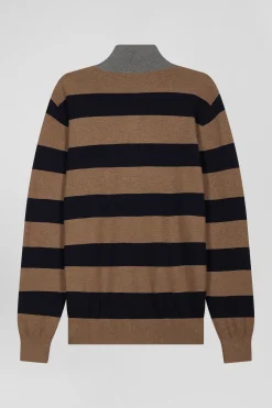 Regular brown striped cotton and cashmere jumper with rugby shirt collar