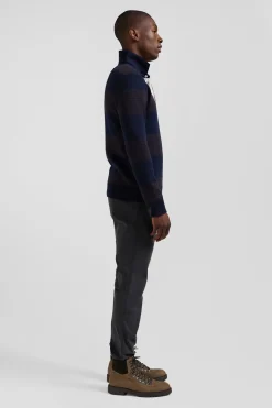 Regular brown striped cotton jumper with houndstooth jacquard and rugby shirt collar