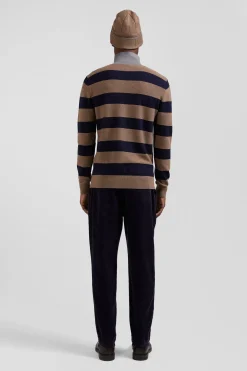 Regular brown striped cotton and cashmere jumper with rugby shirt collar