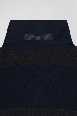 Regular brown striped cotton jumper with houndstooth jacquard and rugby shirt collar