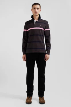 Regular brown striped long-sleeved cotton rugby shirt with back embroidery