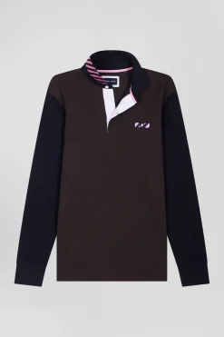 Regular brown striped long-sleeved cotton rugby shirt with tie fabric patchwork