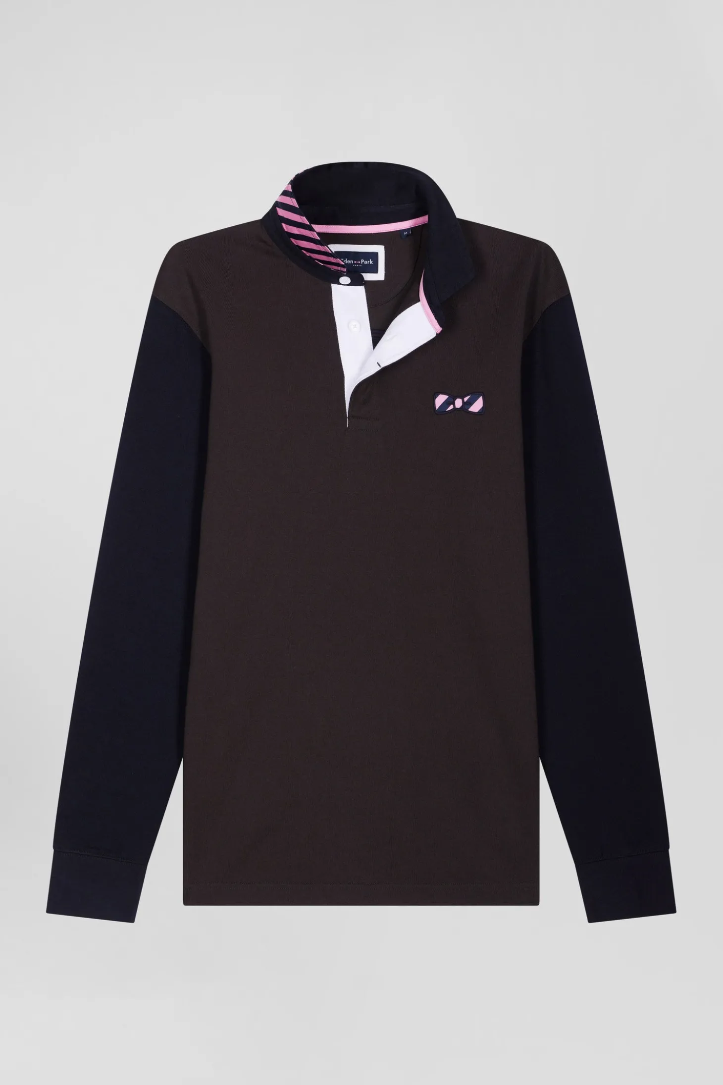 Regular brown striped long-sleeved cotton rugby shirt with tie fabric patchwork