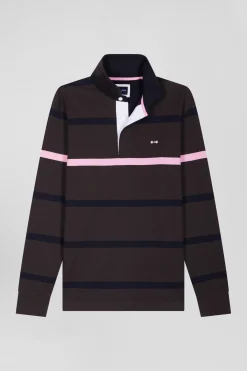 Regular brown striped long-sleeved cotton rugby shirt with back embroidery
