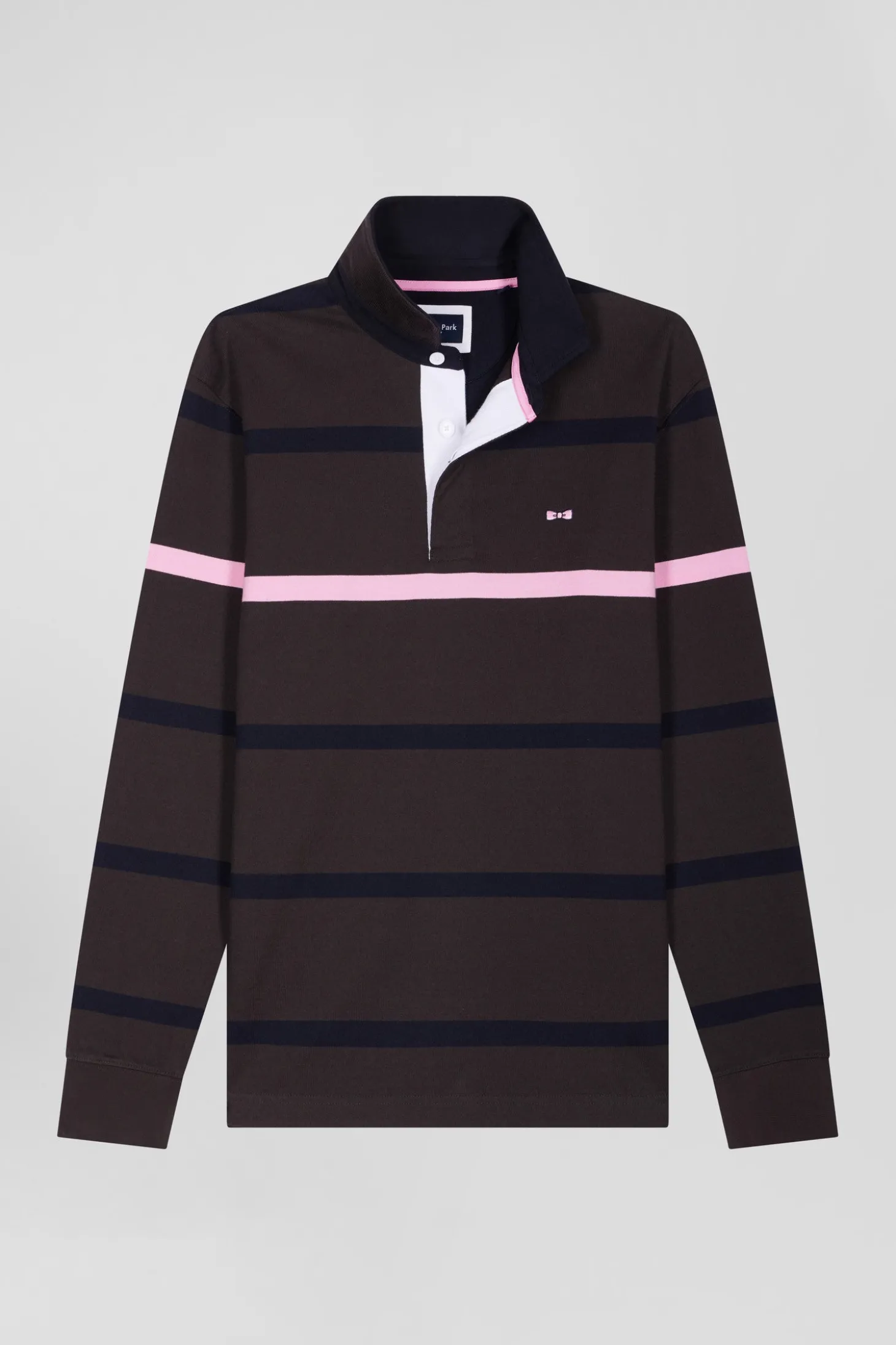 Regular brown striped long-sleeved cotton rugby shirt with back embroidery