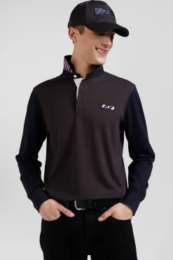 Regular brown striped long-sleeved cotton rugby shirt with tie fabric patchwork