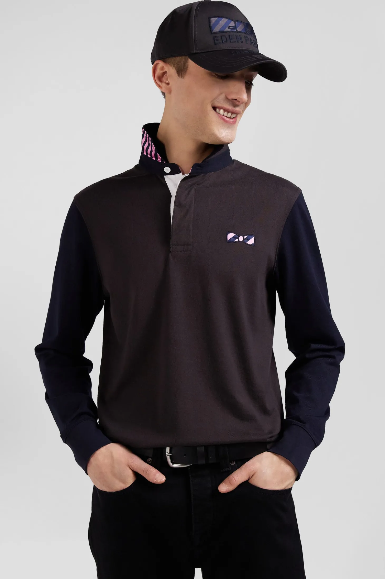 Regular brown striped long-sleeved cotton rugby shirt with tie fabric patchwork