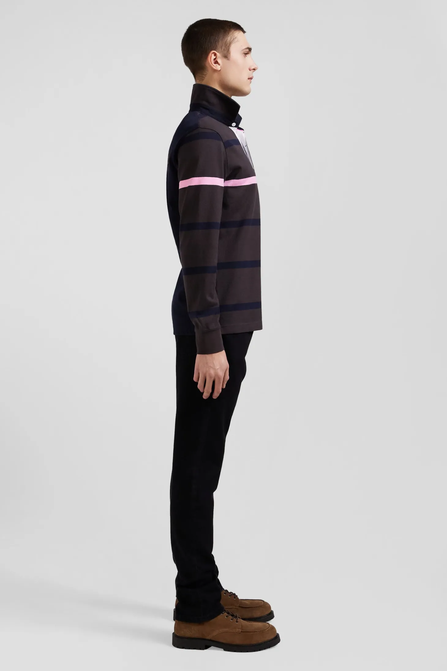 Regular brown striped long-sleeved cotton rugby shirt with back embroidery
