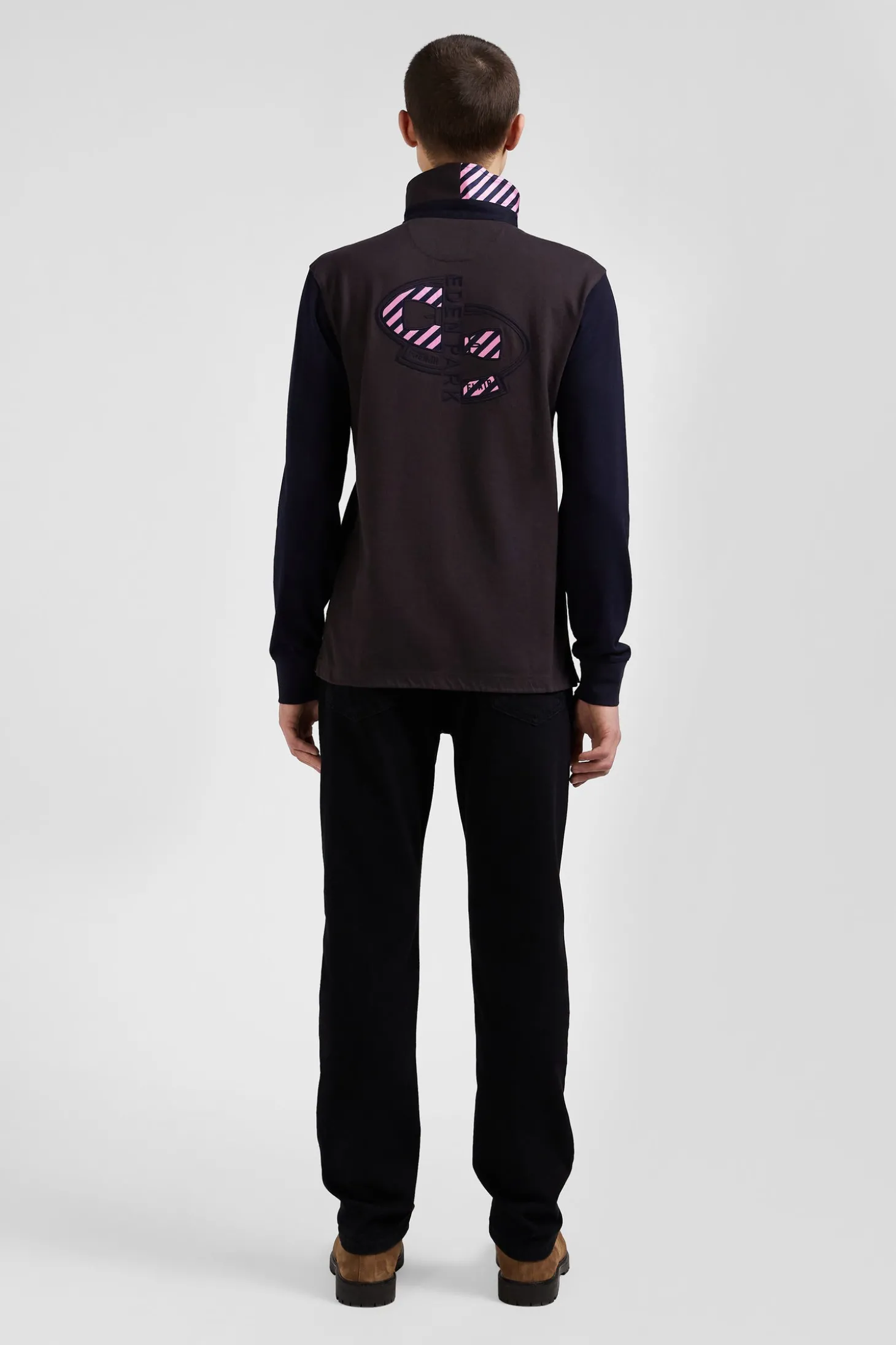 Regular brown striped long-sleeved cotton rugby shirt with tie fabric patchwork