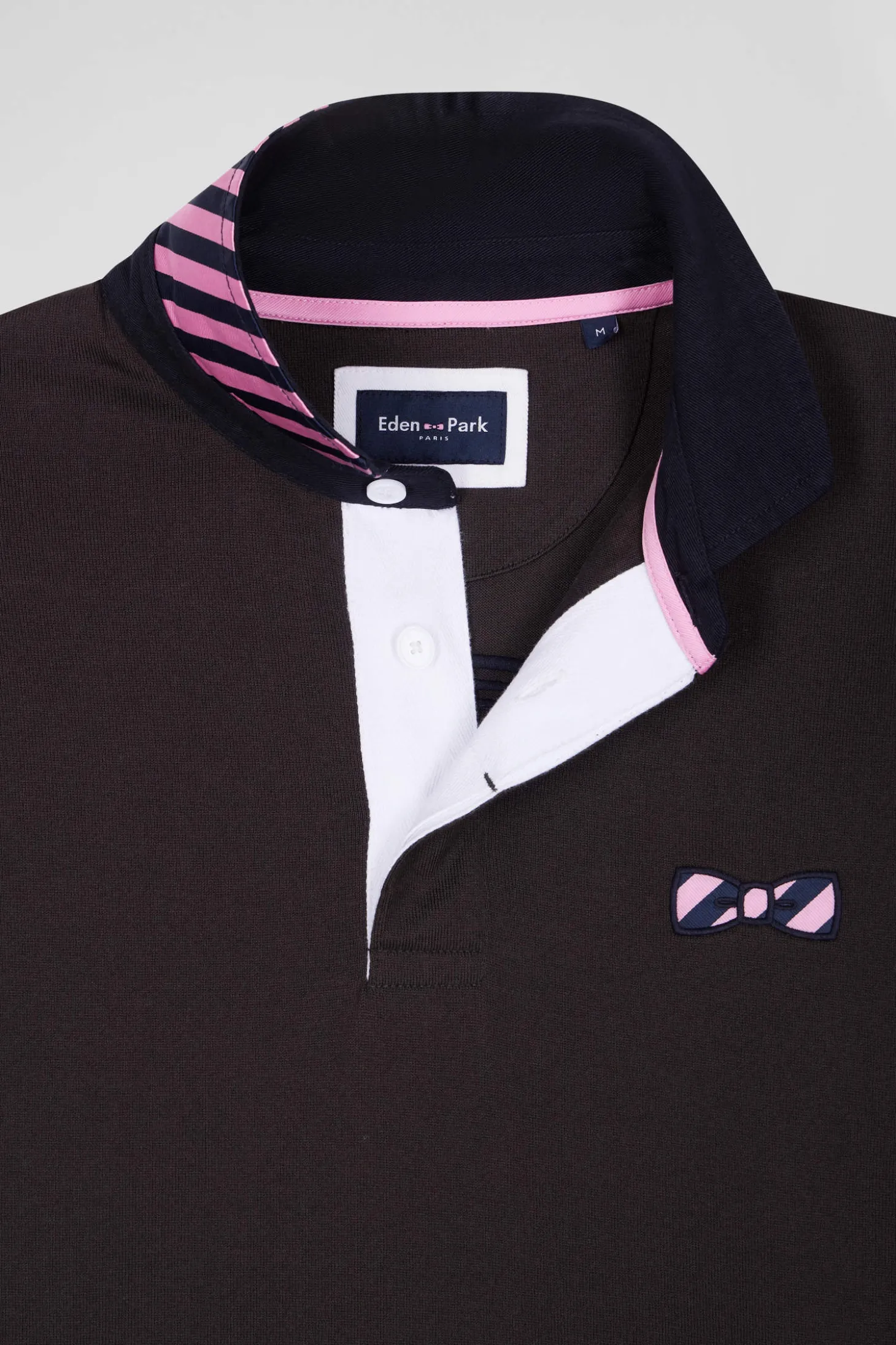Regular brown striped long-sleeved cotton rugby shirt with tie fabric patchwork