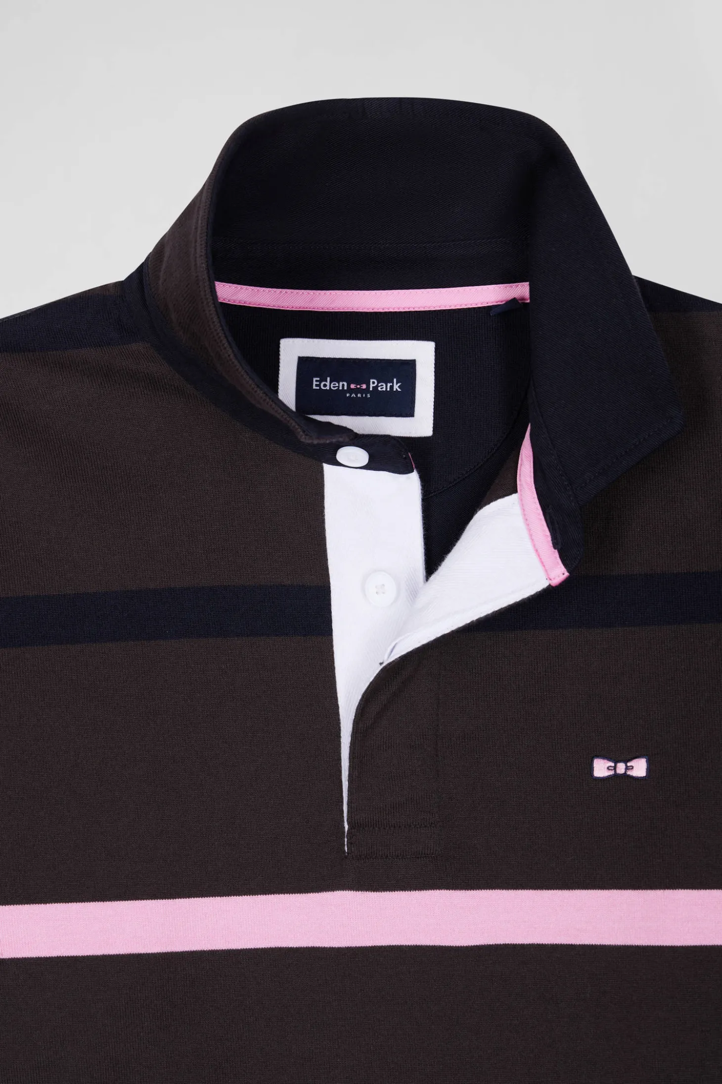 Regular brown striped long-sleeved cotton rugby shirt with back embroidery