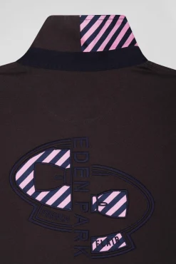 Regular brown striped long-sleeved cotton rugby shirt with tie fabric patchwork