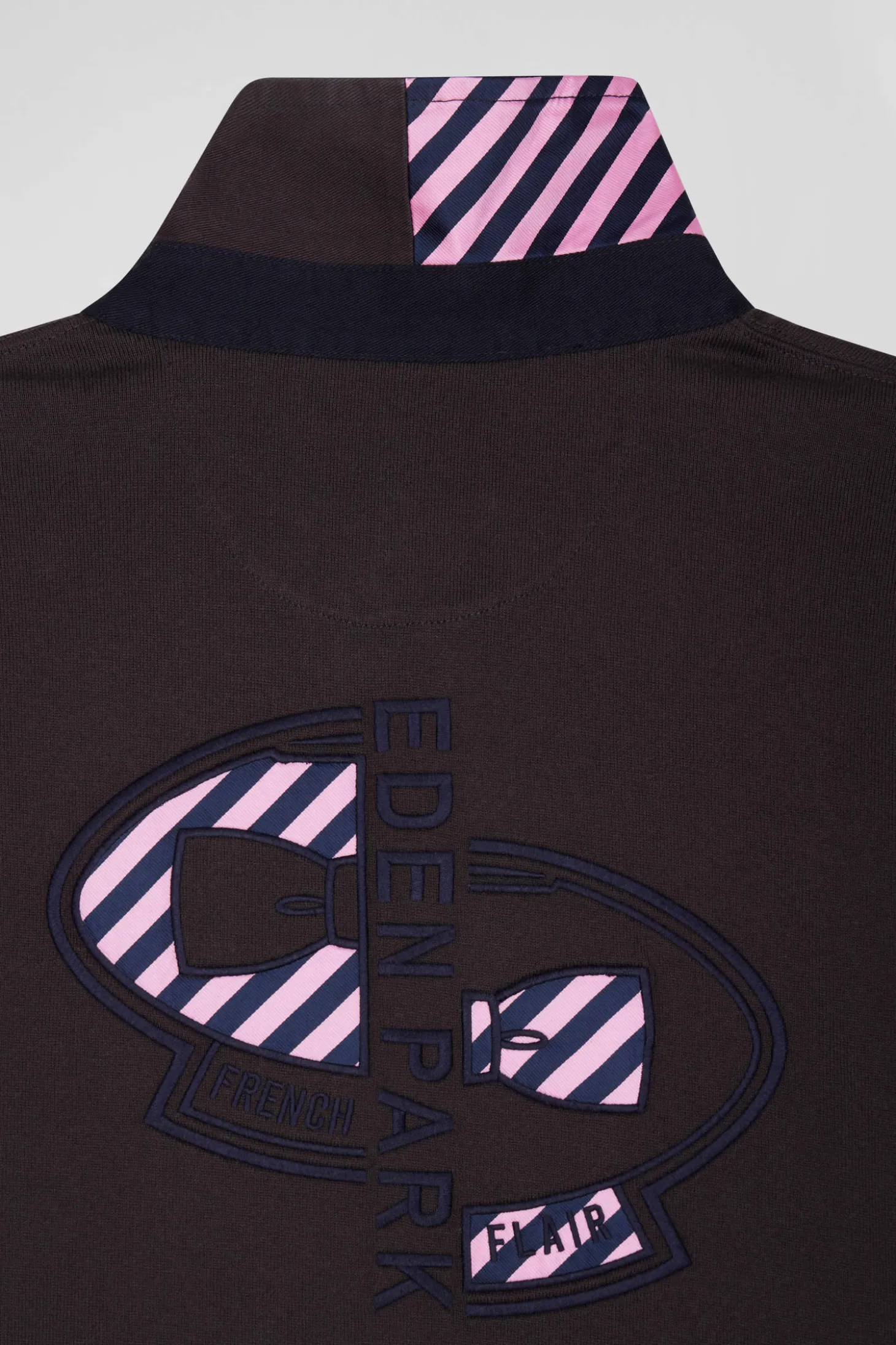 Regular brown striped long-sleeved cotton rugby shirt with tie fabric patchwork