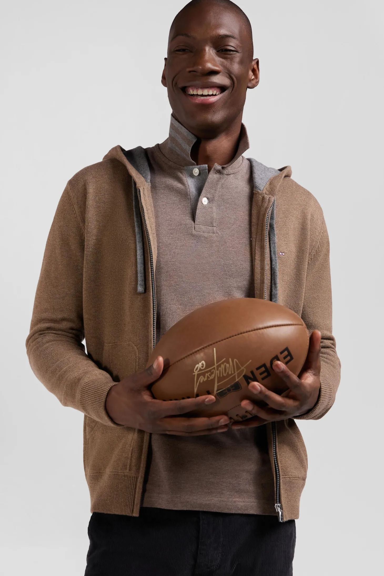 Regular brown wool and cotton knitted zip-up jumper