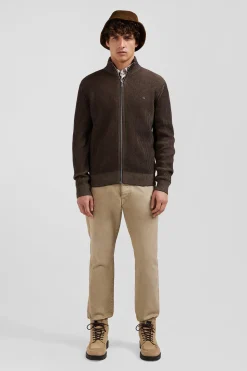 Regular brown wool and cotton zipped cardigan