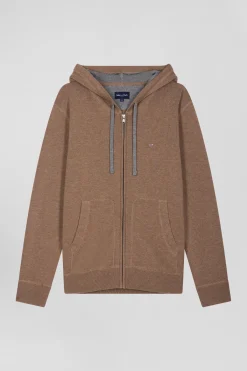 Regular brown wool and cotton knitted zip-up jumper