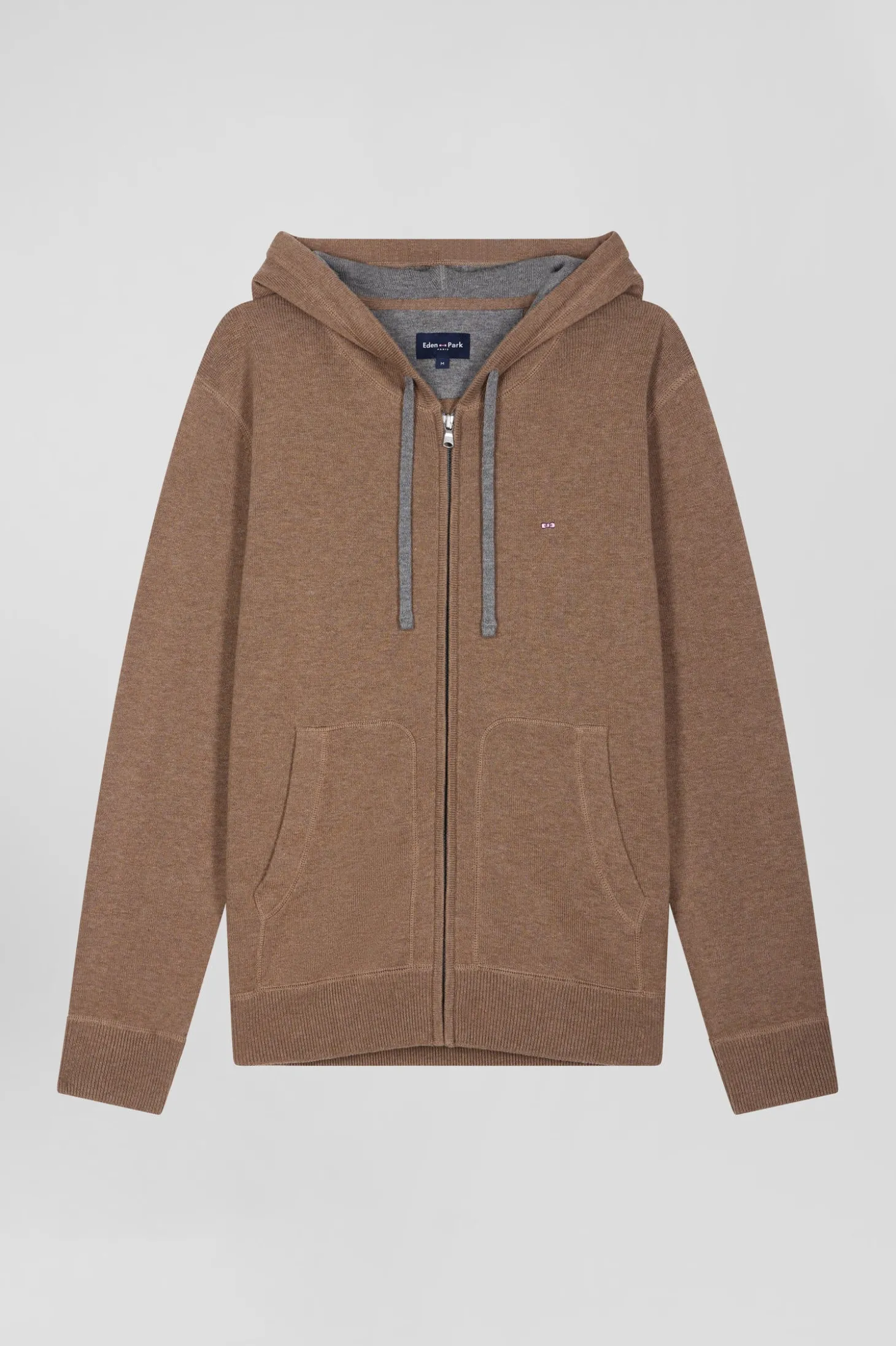 Regular brown wool and cotton knitted zip-up jumper
