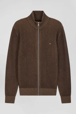 Regular brown wool and cotton zipped cardigan