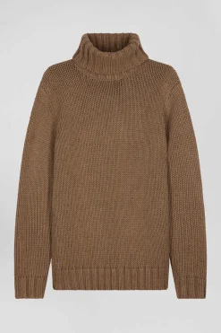 Regular brown wool and cotton blend turtleneck jumper