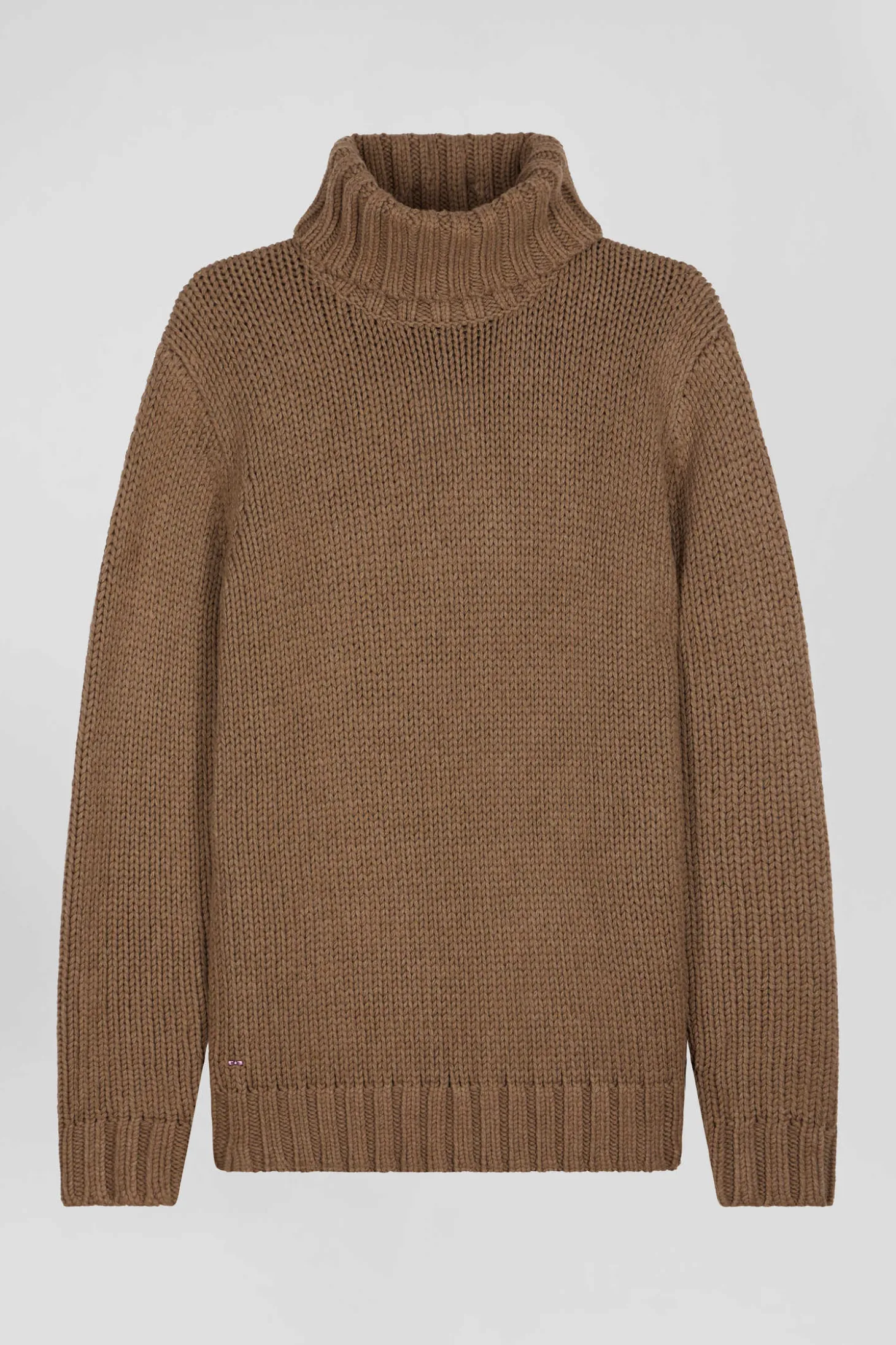 Regular brown wool and cotton blend turtleneck jumper