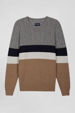 Regular brown wool and cotton crew neck jumper with knit patterns